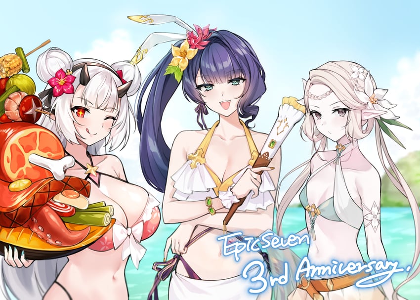 yufine, iseria, bellona, holiday yufine, seaside bellona, and 1 more (epic seven) drawn by qnishi_(kyunishi)