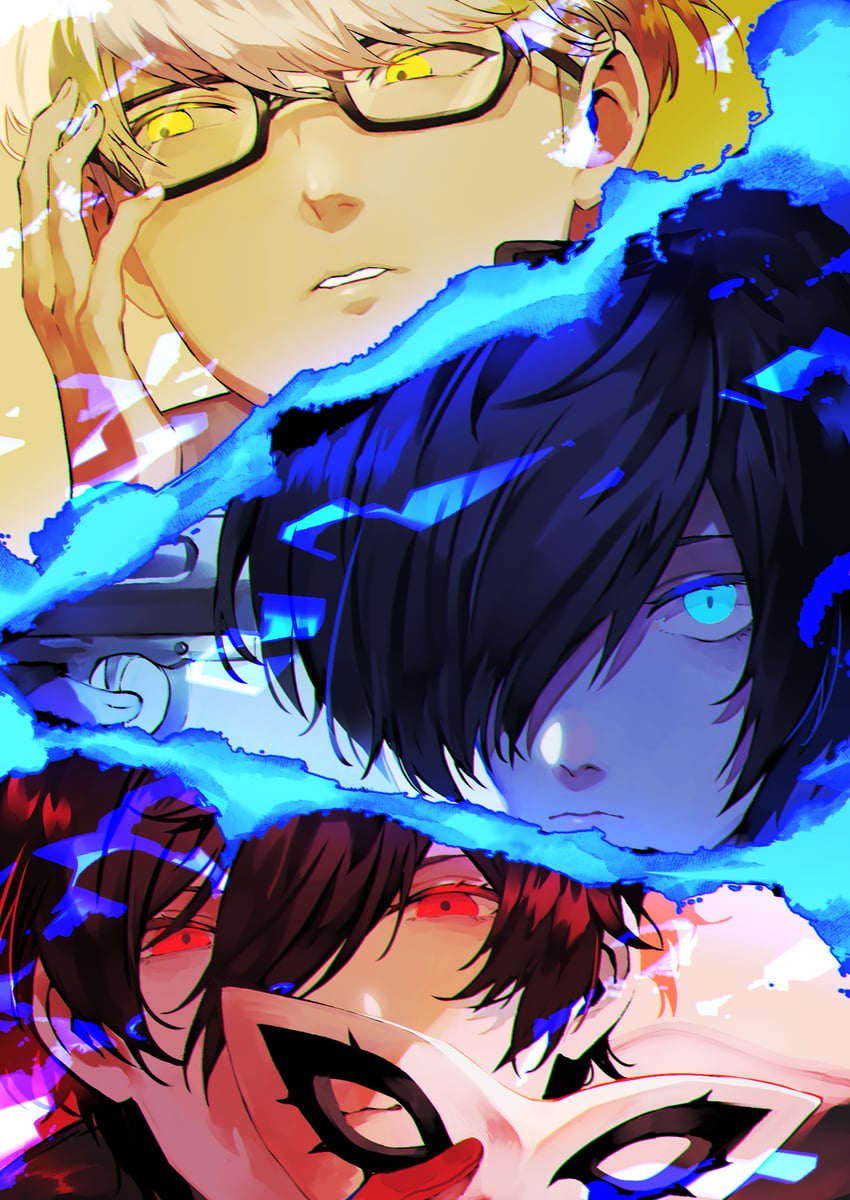 narukami yu, yuuki makoto, amamiya ren, and joker (persona and 3 more) drawn by lor_(roasyerizyonirapi)