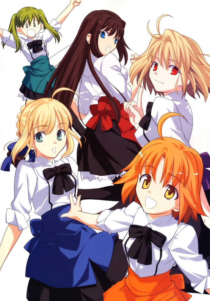 artoria pendragon, saber, arcueid brunestud, aozaki aoko, katsuragi chikagi, and 1 more (fate and 5 more) drawn by takeuchi_takashi