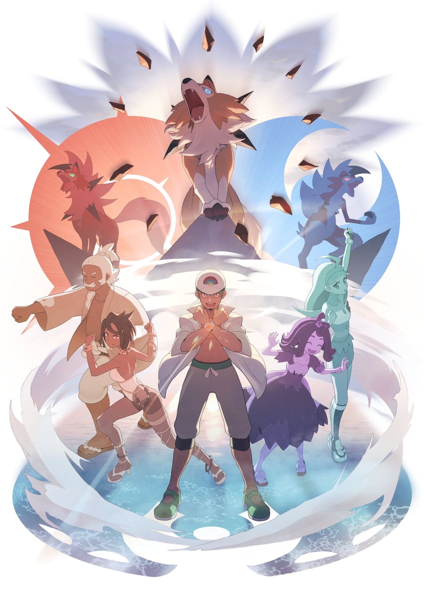 acerola, lycanroc, professor kukui, olivia, kahili, and 1 more (pokemon and 1 more) drawn by odd_(hin_yari)