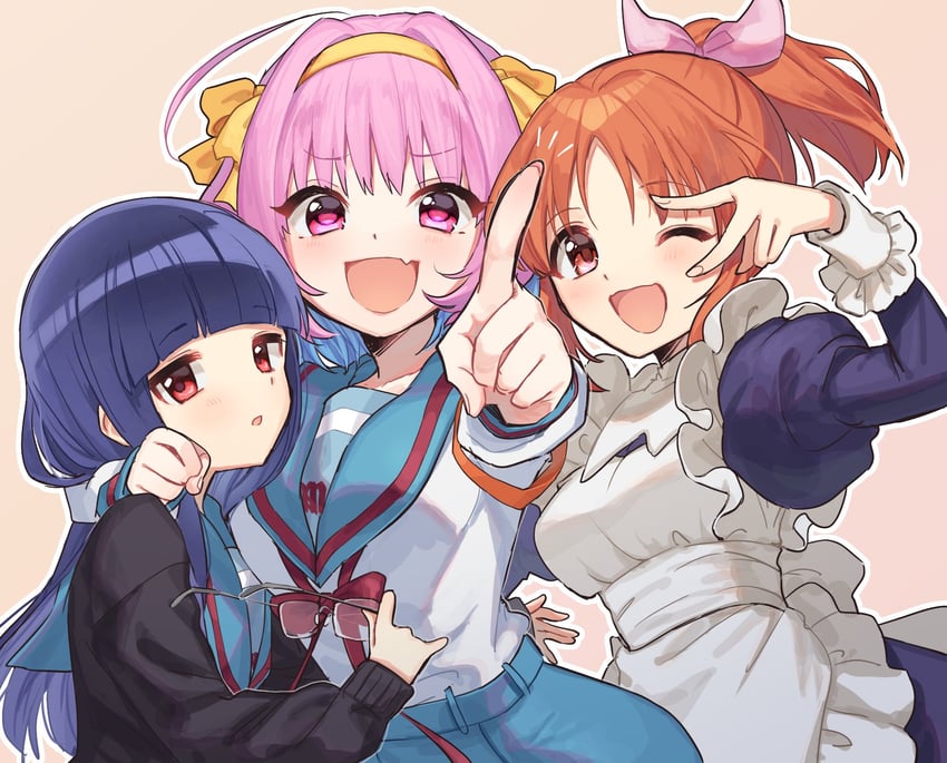 suzumiya haruhi, nagato yuki, yumemi riamu, asahina mikuru, abe nana, and 1 more (idolmaster and 3 more) drawn by euphoniummatsu