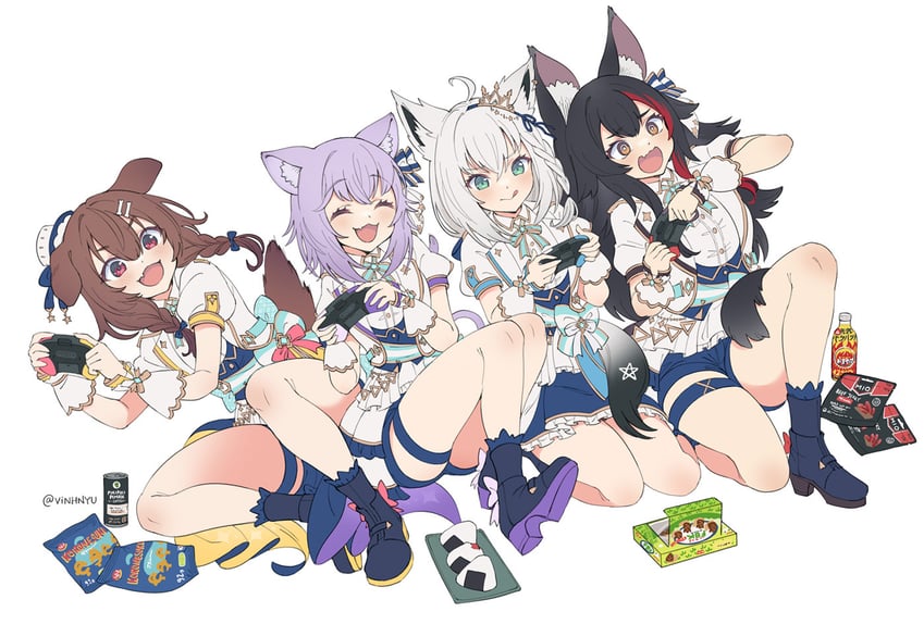shirakami fubuki, nekomata okayu, ookami mio, inugami korone, and listener (hololive) drawn by vinhnyu