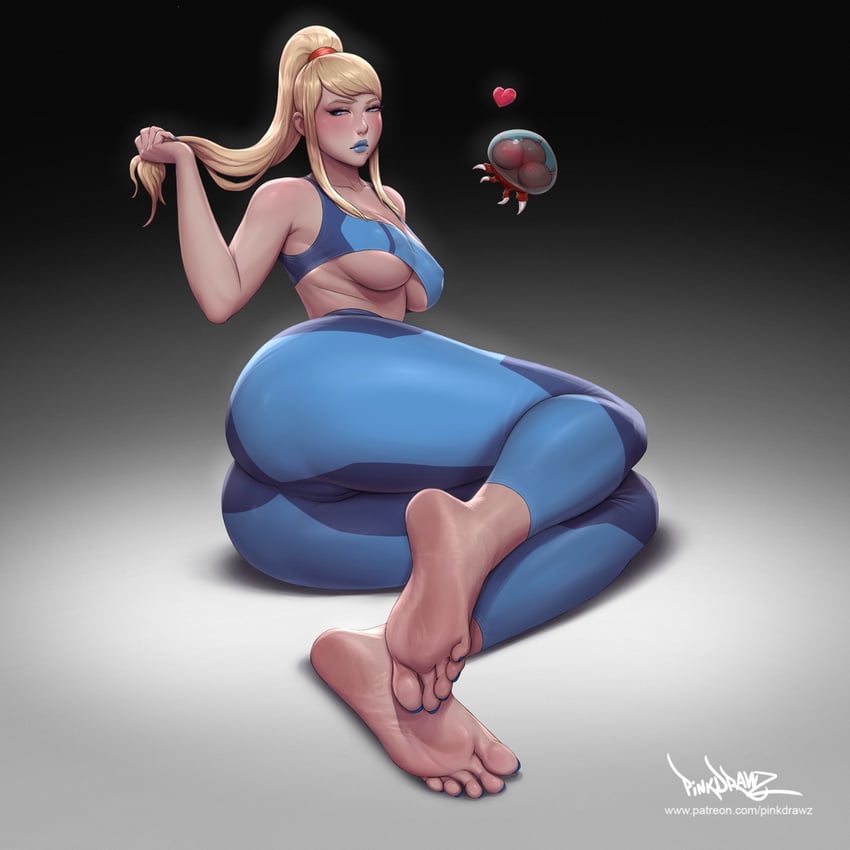samus aran, metroid, and metroid larva (metroid) drawn by pinkdrawz