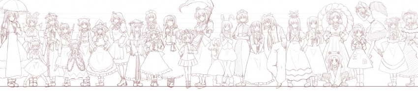 hakurei reimu, kirisame marisa, remilia scarlet, izayoi sakuya, kochiya sanae, and 23 more (touhou) drawn by fue_(rhomphair)