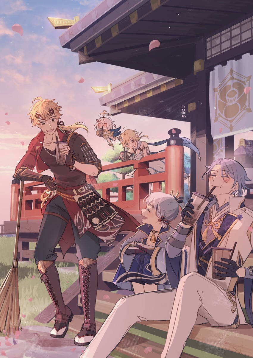 lumine, paimon, kamisato ayaka, kamisato ayato, and thoma (genshin impact) drawn by rinnette88