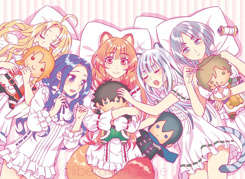 raphtalia, iwatani naofumi, filo, melty q melromarc, kitamura motoyasu, and 3 more (tate no yuusha no nariagari) drawn by minami_seira