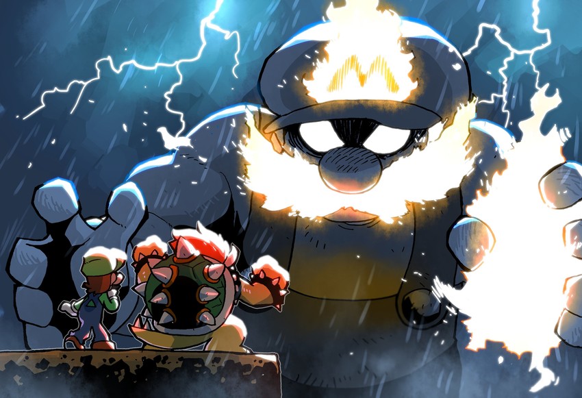 mario, luigi, bowser, and fury bowser (mario and 1 more) drawn by rariatto_(ganguri)