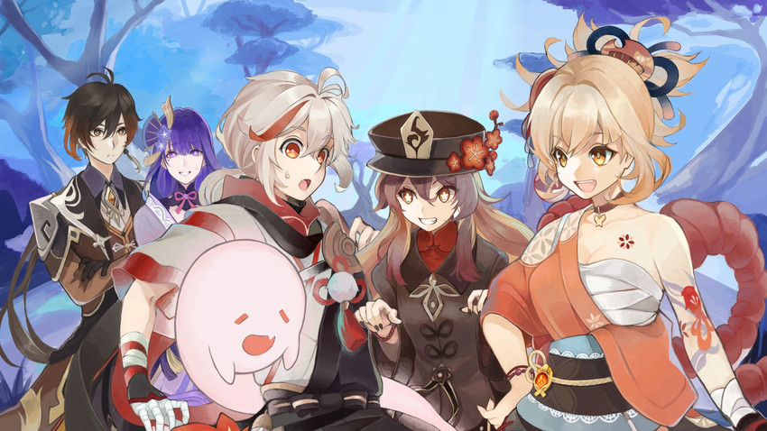 raiden shogun, hu tao, zhongli, boo tao, kaedehara kazuha, and 1 more (genshin impact) drawn by chikushi_azu