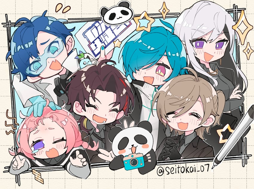 higuchi kaede, suo sango, ryuushen, saegusa akina, leos vincent, and 2 more (nijisanji) drawn by zannen_an