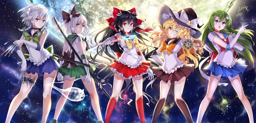 hakurei reimu, kirisame marisa, izayoi sakuya, kochiya sanae, and konpaku youmu (touhou and 2 more) drawn by neko_(yanshoujie)