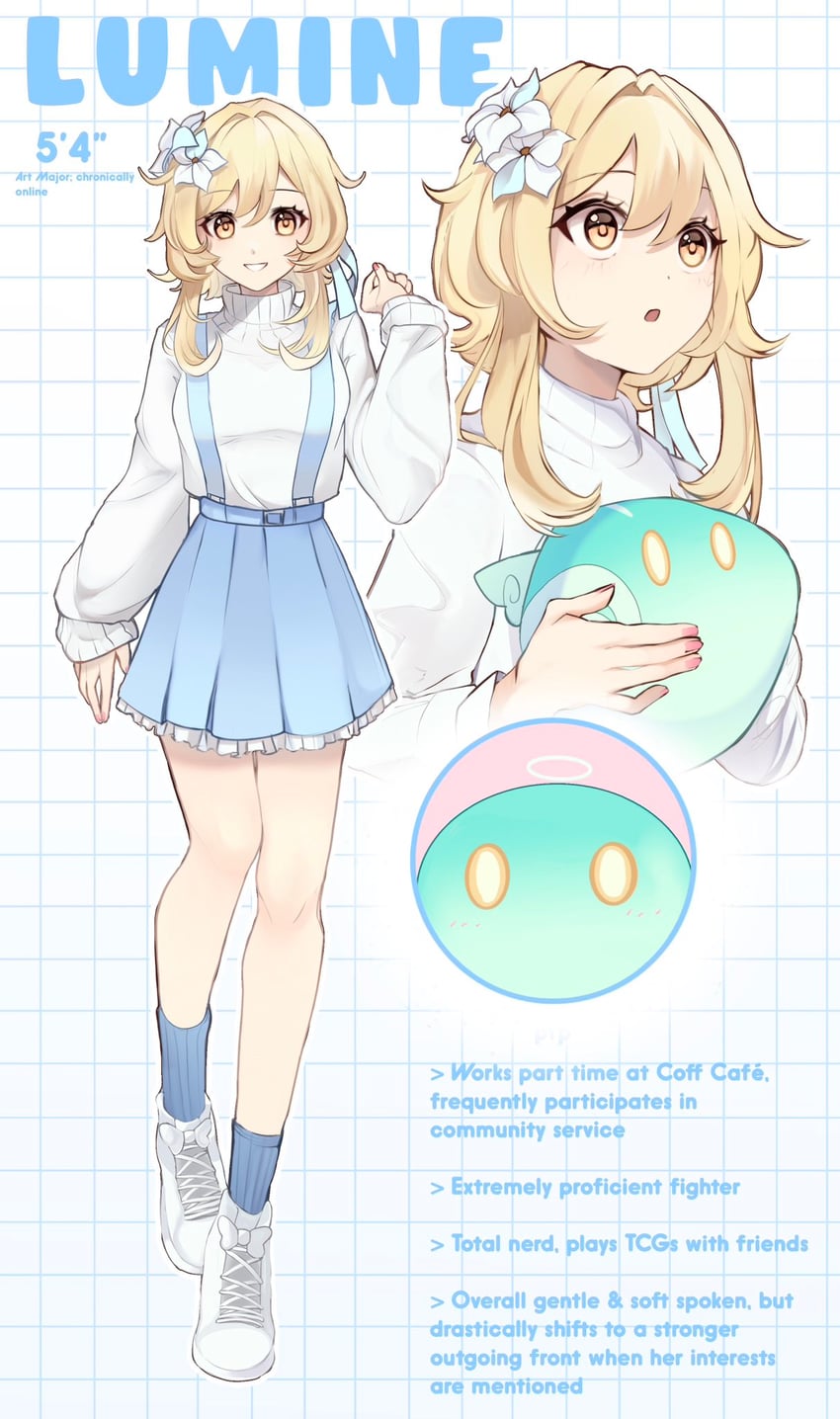 lumine, slime, and anemo slime (genshin impact) drawn by bunni_stardust