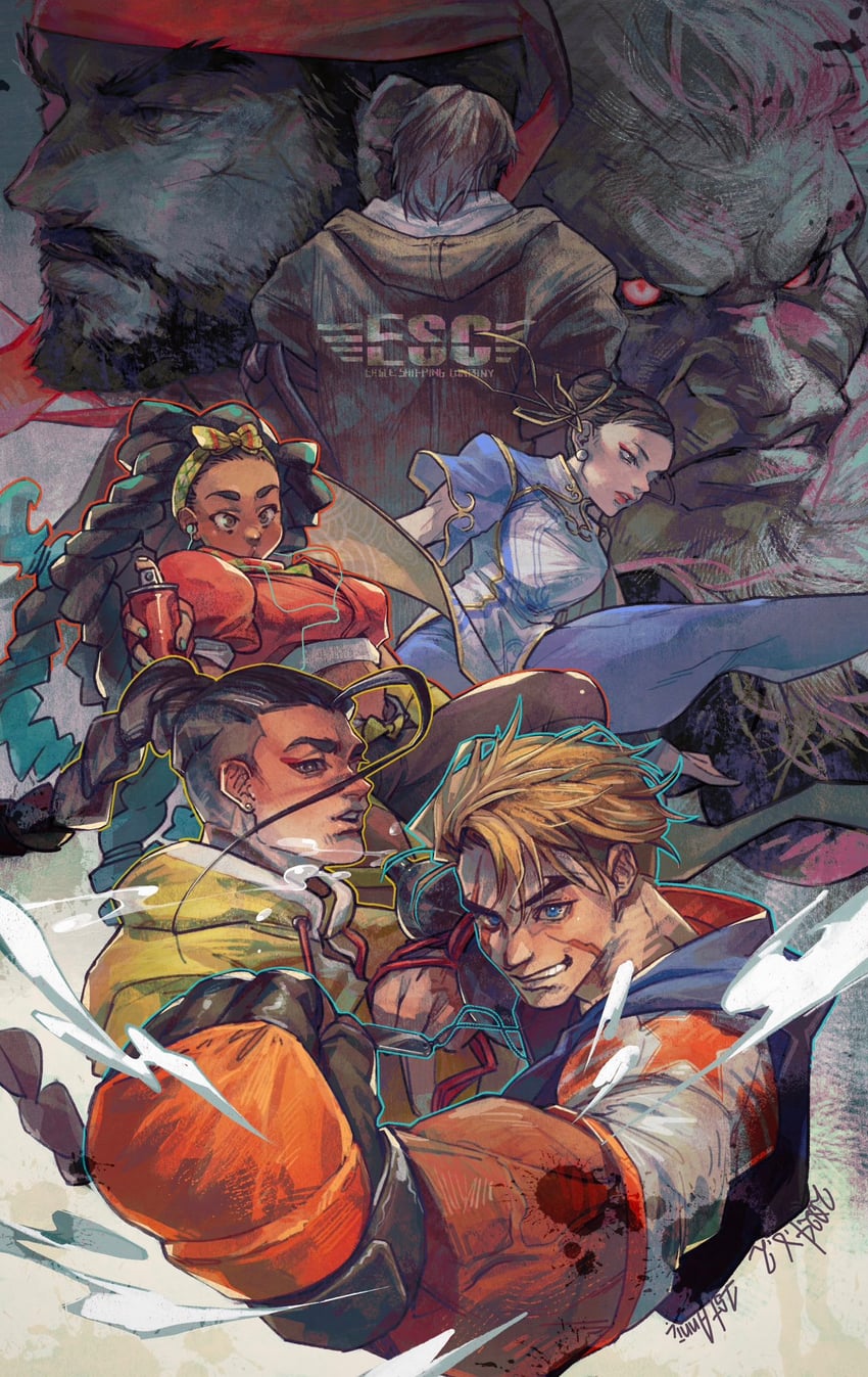 chun-li, ryu, ken masters, akuma, luke sullivan, and 2 more (street fighter and 1 more) drawn by marumaru1902