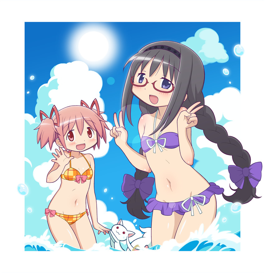 akemi homura, kaname madoka, and kyubey (mahou shoujo madoka magica) drawn by gecchu