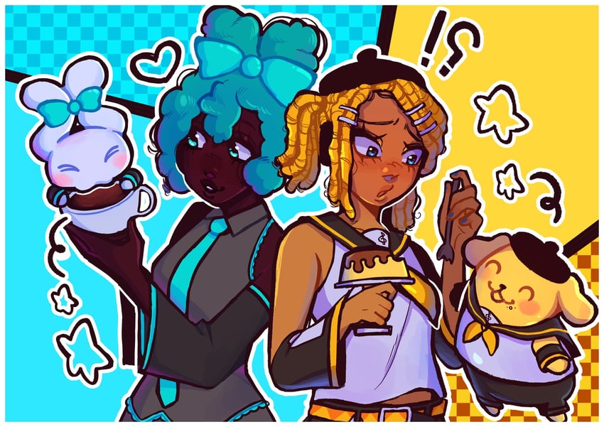 hatsune miku, kagamine rin, cinnamoroll, cinnamiku, and pompompurin (vocaloid and 2 more) drawn by krunchykirb1