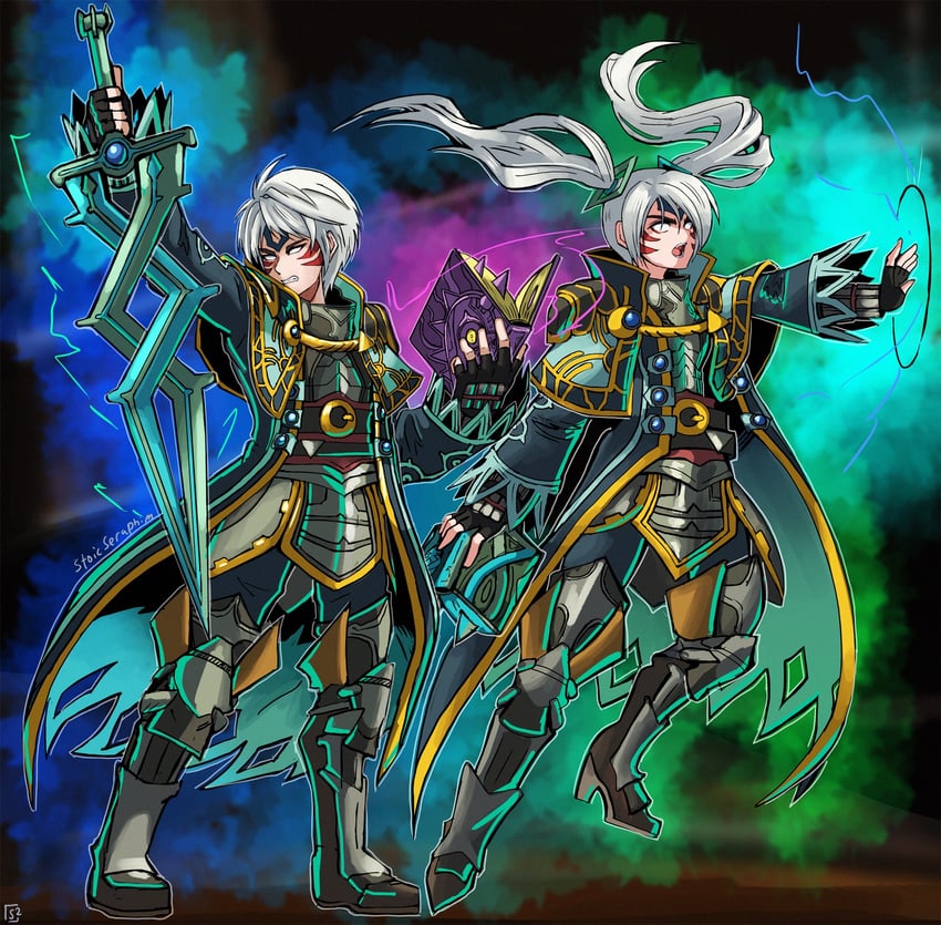 female robin, male robin, majora, and fierce deity (fire emblem and 4 more) drawn by stoic_seraphim