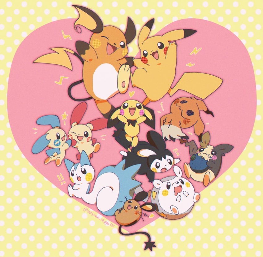 pikachu, morpeko, mimikyu, pichu, raichu, and 6 more (pokemon) drawn by nako_(nekono_shippo75)