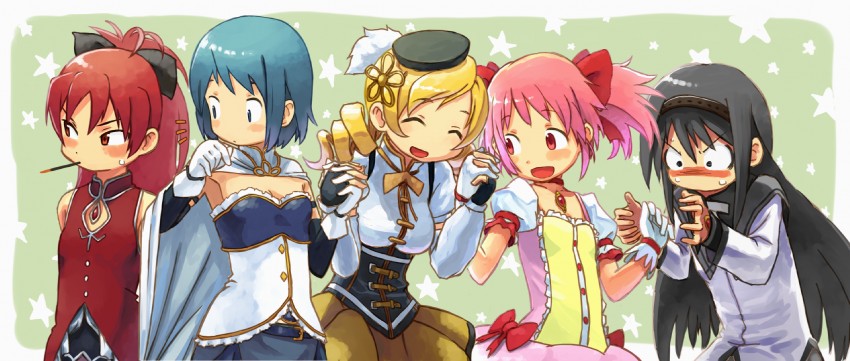 akemi homura, kaname madoka, miki sayaka, sakura kyoko, and tomoe mami (mahou shoujo madoka magica) drawn by toraneko