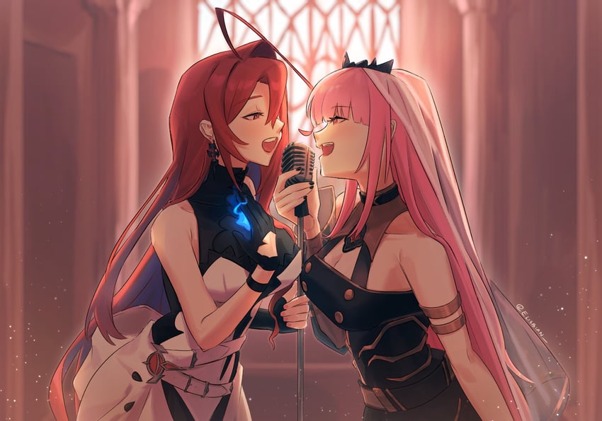 mori calliope and elizabeth rose bloodflame (hololive and 1 more) drawn by elisbian