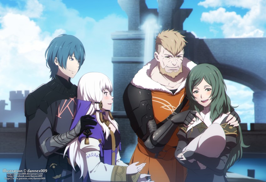 male byleth, lysithea von ordelia, jeralt reus eisner, and sitri (fire emblem and 1 more) drawn by dannex009