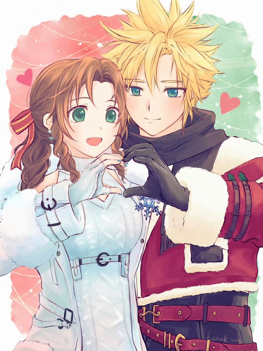 cloud strife and aerith gainsborough (final fantasy and 2 more) drawn by lenak