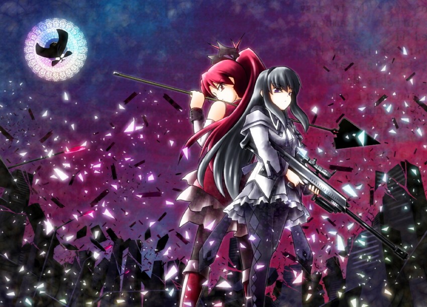 akemi homura, sakura kyoko, and walpurgisnacht (mahou shoujo madoka magica) drawn by horikawakyo