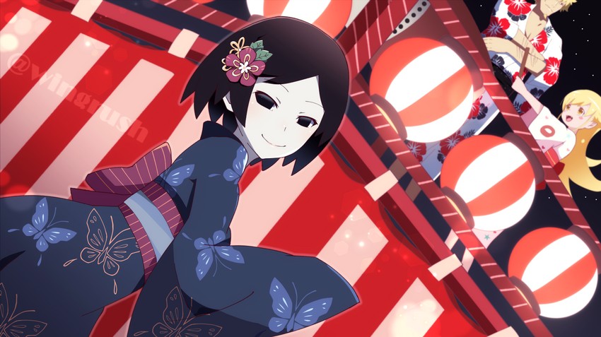 oshino shinobu, oshino ougi, and oshino meme (monogatari) drawn by fooring