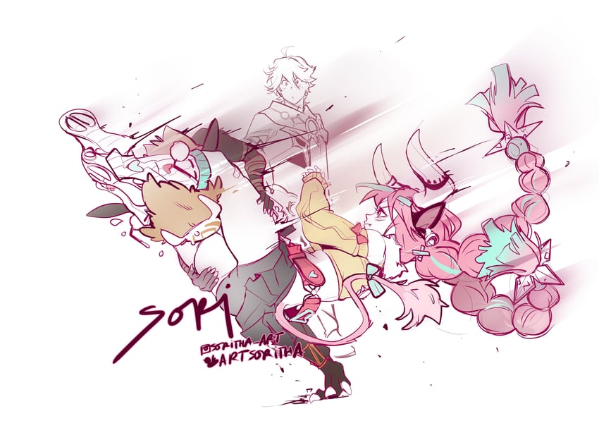 aether, hilichurl, and varesa (genshin impact) drawn by artsoritha