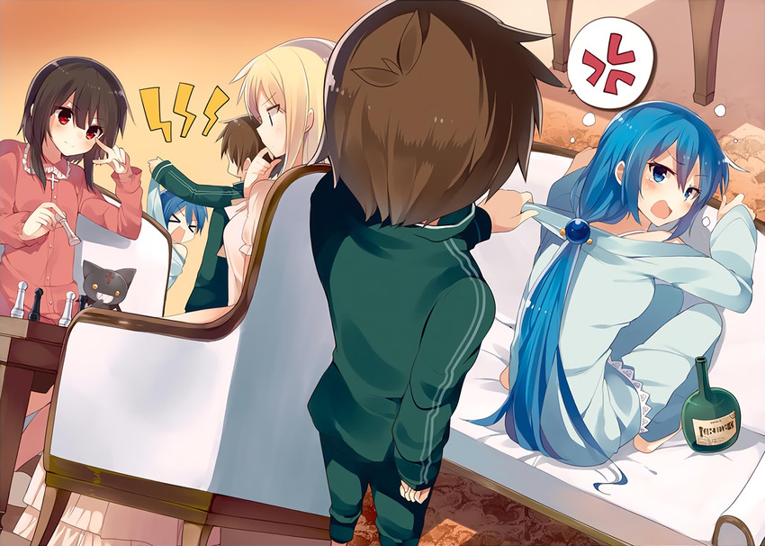 megumin, aqua, darkness, satou kazuma, and chomusuke (kono subarashii sekai ni shukufuku wo!) drawn by mishima_kurone