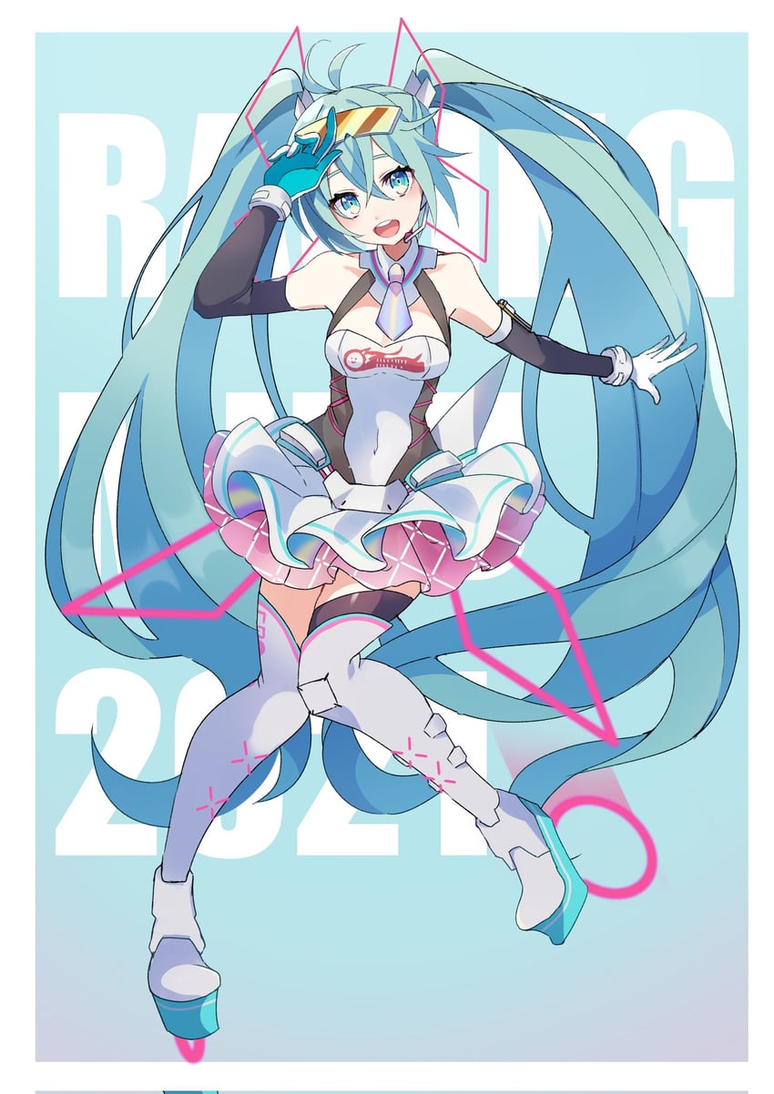 hatsune miku and racing miku (vocaloid and 1 more) drawn by kusunokimizuha