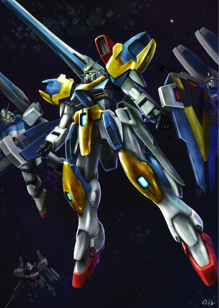v gundam, v2 gundam, v2 assault-buster gundam, gun blastor, and v dash gundam hexa (gundam and 1 more) drawn by hiwa_industry