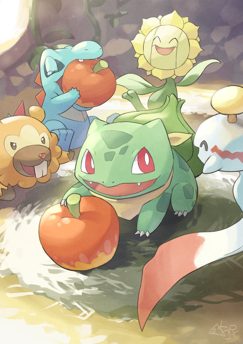 bulbasaur, totodile, chimecho, bidoof, and sunflora (pokemon and 2 more) drawn by yamaori_(hakkentai_pokedan)