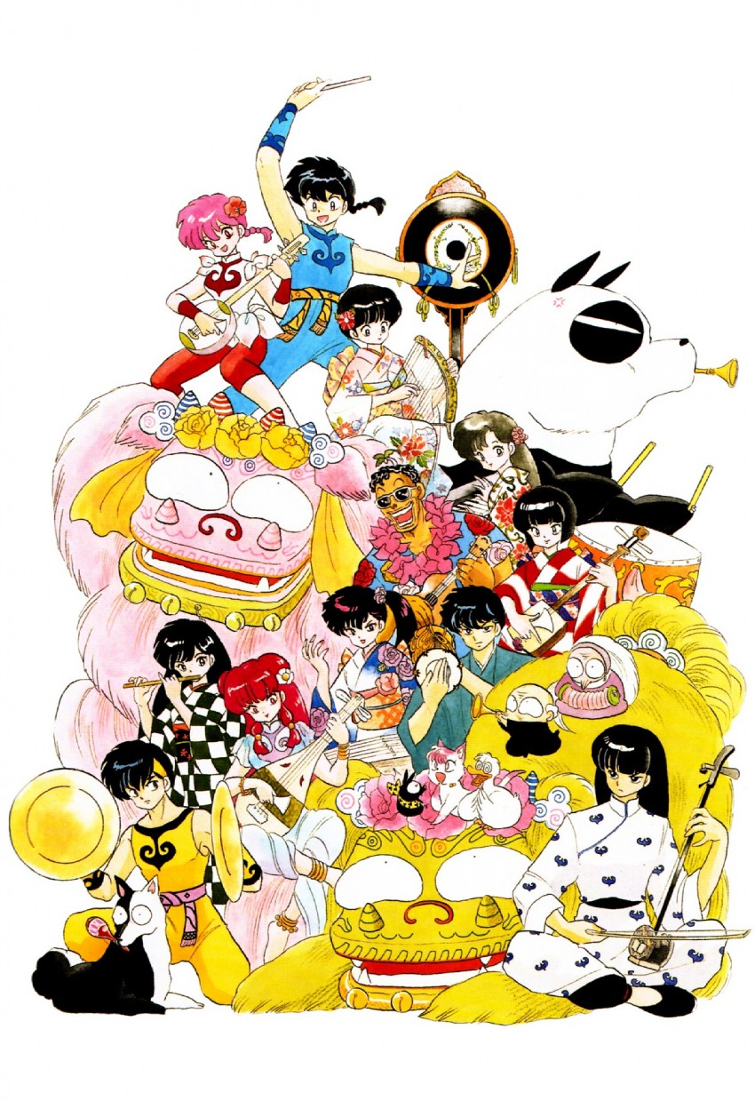 ranma-chan, tendou akane, saotome ranma, p-chan, hibiki ryouga, and 12 more (ranma 1/2) drawn by takahashi_rumiko