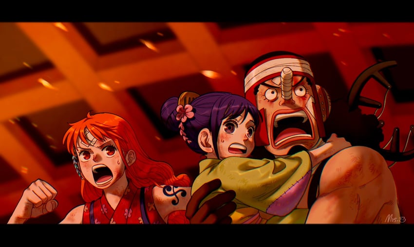 nami, usopp, and kurozumi tama (one piece) drawn by mrs.custard