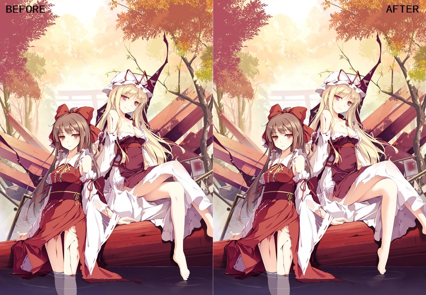 hakurei reimu and yakumo yukari (touhou) drawn by ke-ta and pursechan
