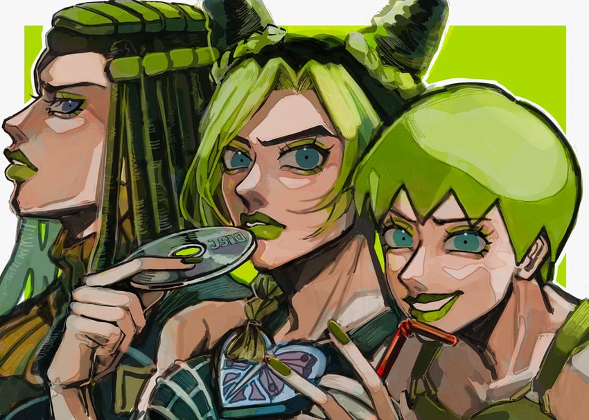 kujo jolyne, foo fighters, and ermes costello (jojo no kimyou na bouken and 1 more) drawn by natchan_blue_(nanairopenki)