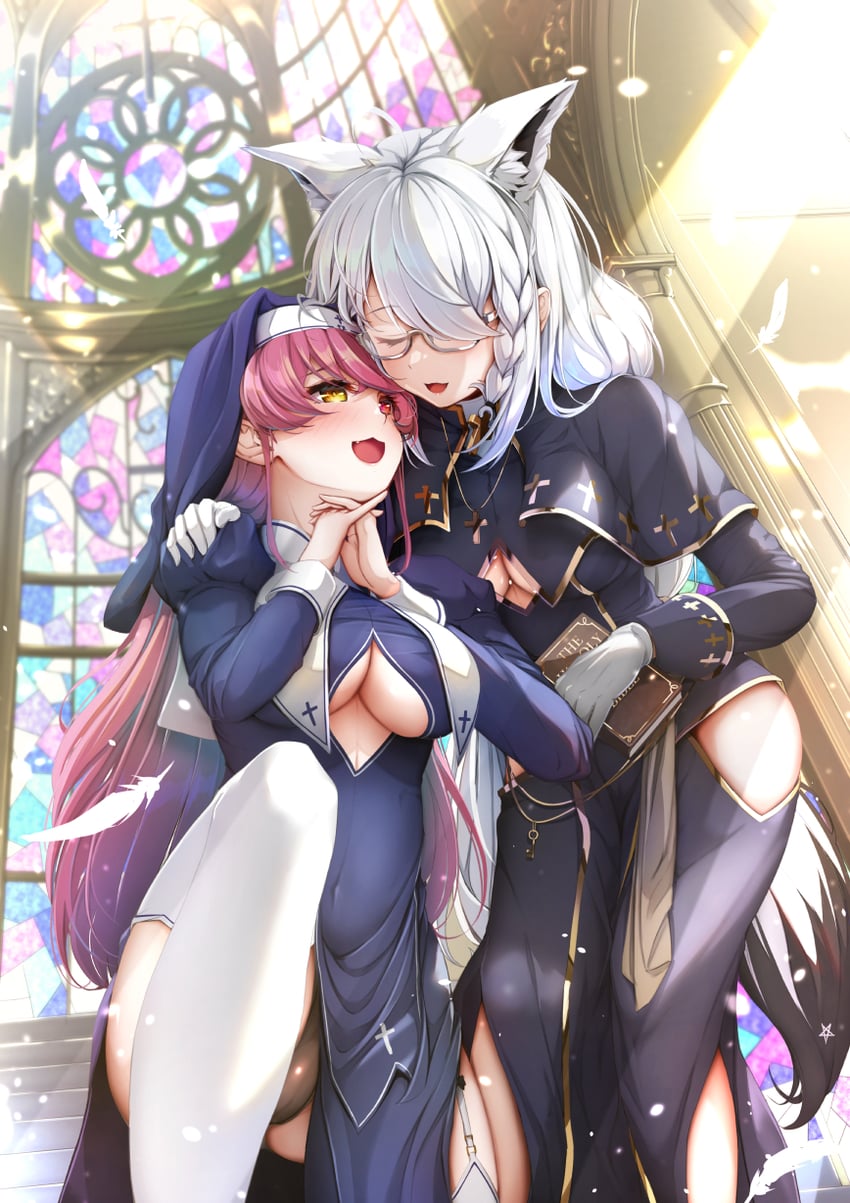 houshou marine and shirakami fubuki (hololive) drawn by imo_bouya