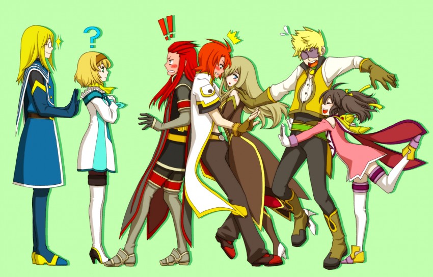 tear grants, luke fon fabre, anise tatlin, natalia luzu kimlasca lanvaldear, jade curtiss, and 3 more (tales of and 1 more) drawn by akotaman