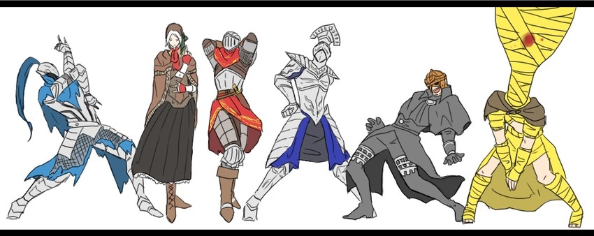 plain doll, artorias the abysswalker, garl vinland, xanthous king jeremiah, oswald of carim, and 1 more (jojo no kimyou na bouken and 5 more) drawn by cimanagasi