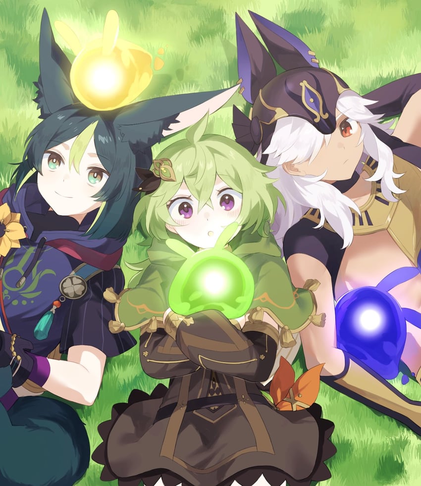 tighnari, cyno, collei, and seelie (genshin impact) drawn by nneiro