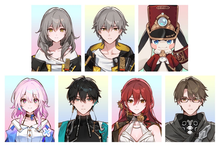 trailblazer, stelle, march 7th, caelus, dan heng, and 3 more (honkai and 1 more) drawn by dsmile