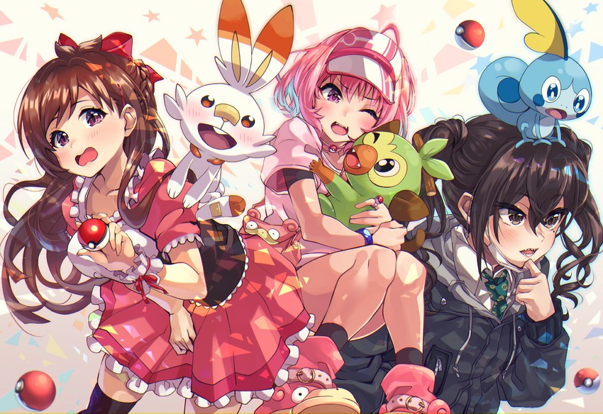 yumemi riamu, scorbunny, sunazuka akira, sobble, grookey, and 2 more (pokemon and 3 more) drawn by shashaki