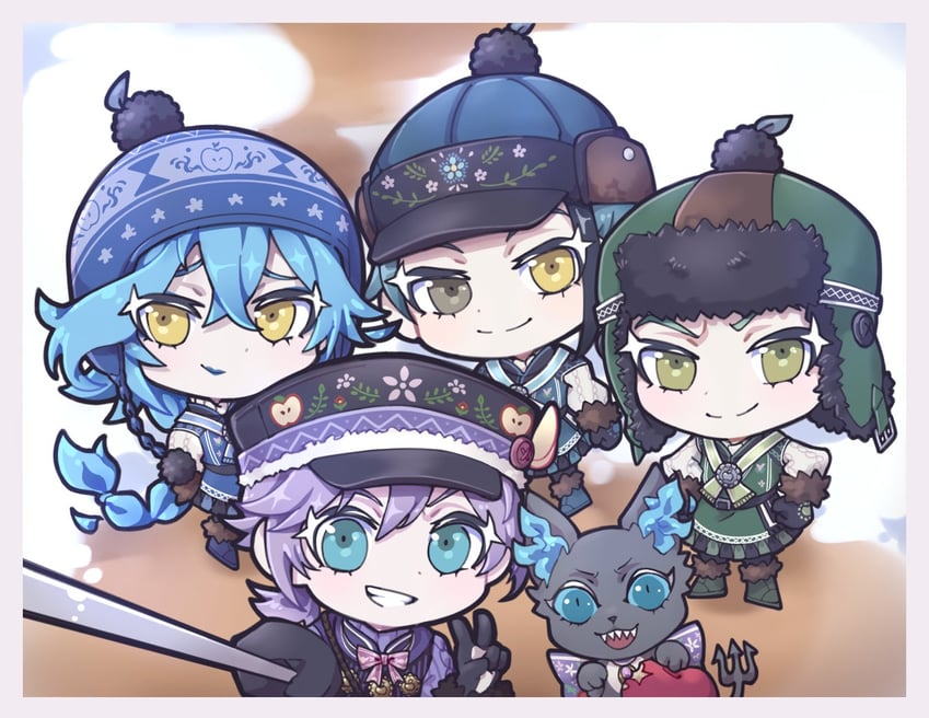 jade leech, idia shroud, grim, epel felmier, and sebek zigvolt (twisted wonderland) drawn by hoshiyo