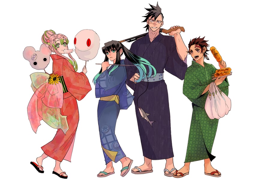kanroji mitsuri, kamado tanjirou, tokitou muichirou, kaburamaru, shinazugawa genya, and 1 more (kimetsu no yaiba) drawn by kagaya_(kagaya0915)