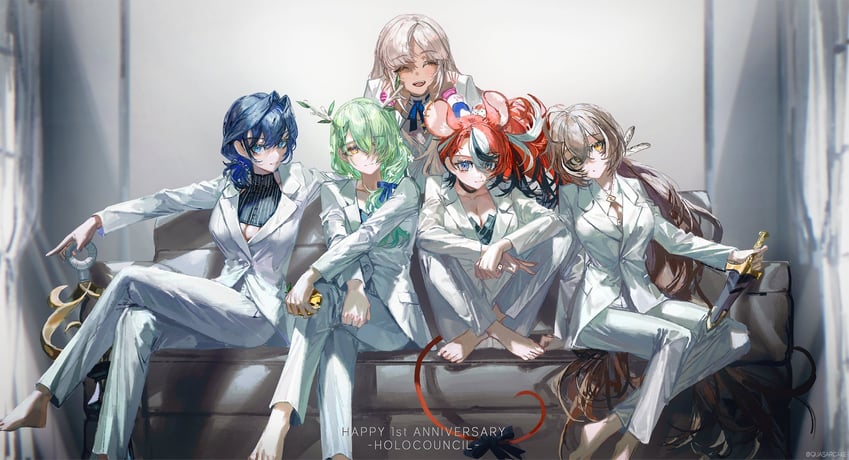 ouro kronii, nanashi mumei, hakos baelz, ceres fauna, and tsukumo sana (hololive and 1 more) drawn by quasarcake
