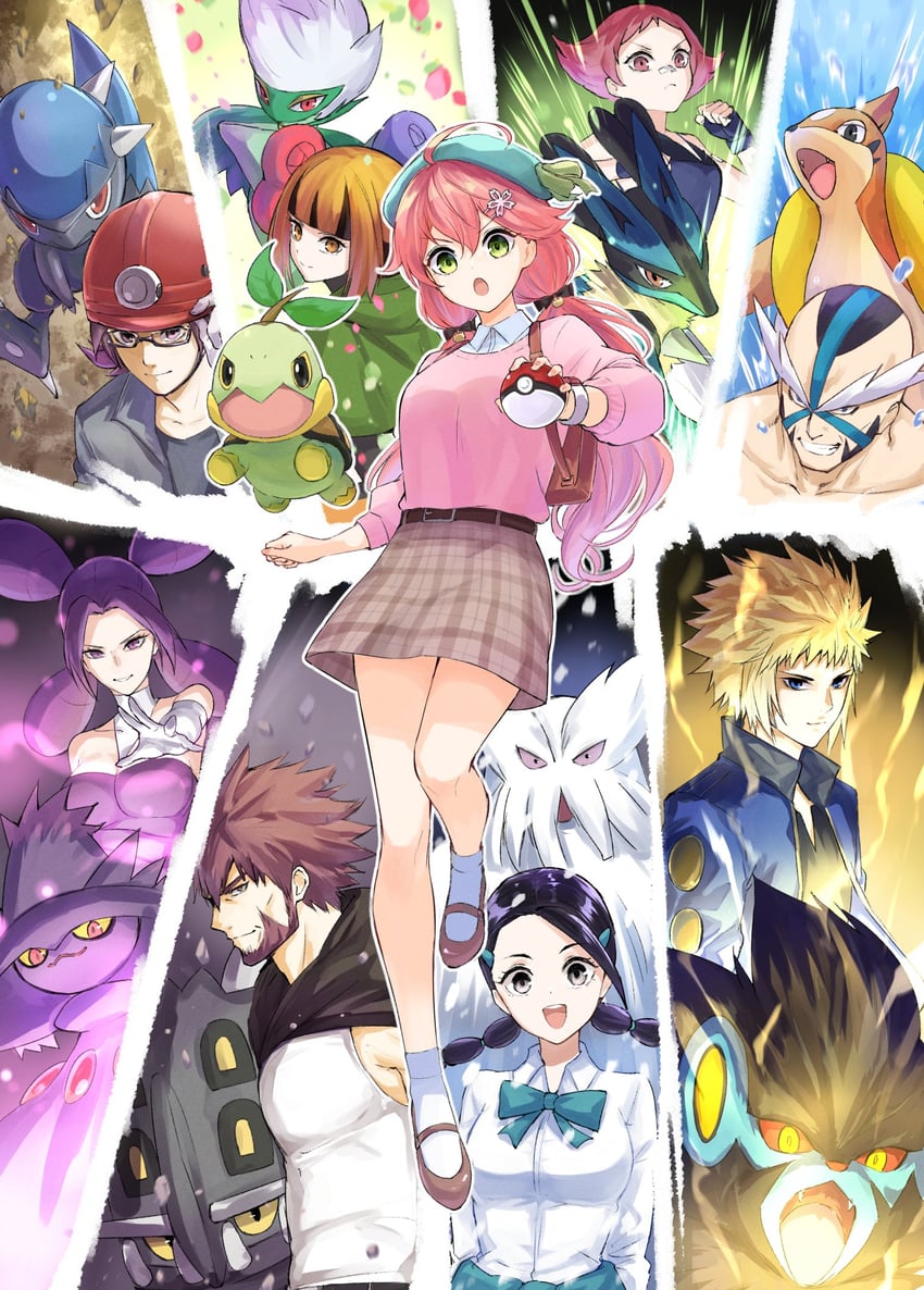sakura miko, dawn, lucario, mismagius, turtwig, and 14 more (pokemon and 2 more) drawn by yuu201023