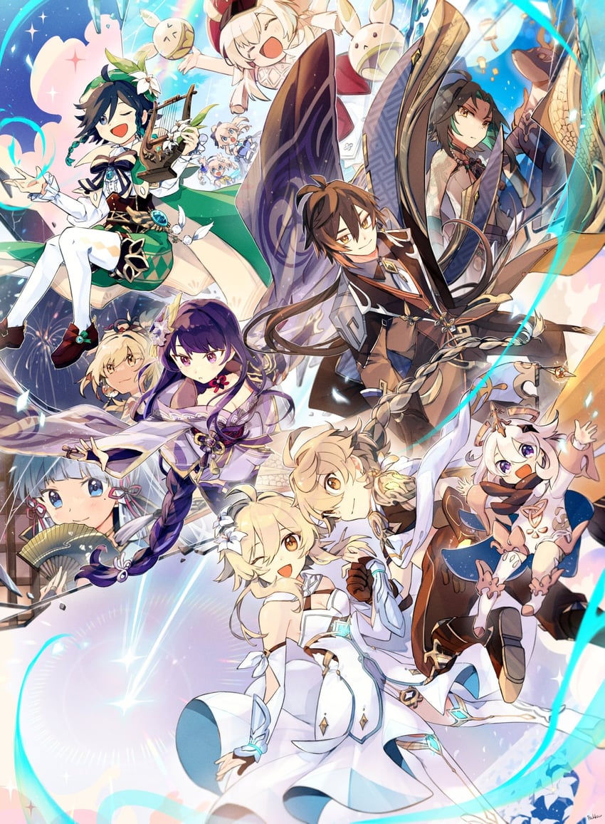 lumine, raiden shogun, aether, zhongli, venti, and 9 more (genshin impact) drawn by pechka
