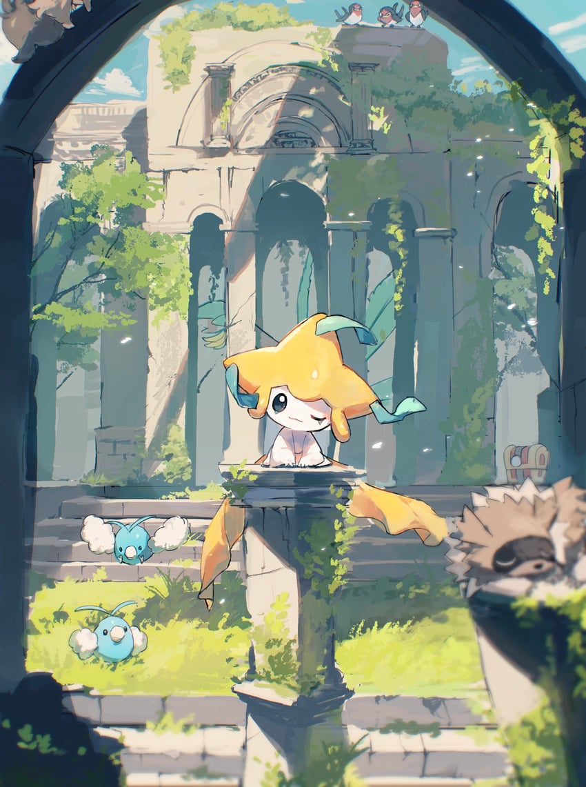 jirachi, swablu, tropius, zigzagoon, taillow, and 1 more (pokemon) drawn by moufuillust