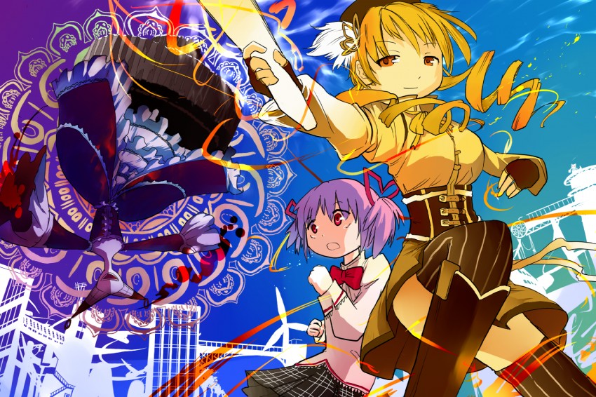 kaname madoka, tomoe mami, and walpurgisnacht (mahou shoujo madoka magica) drawn by shiotan