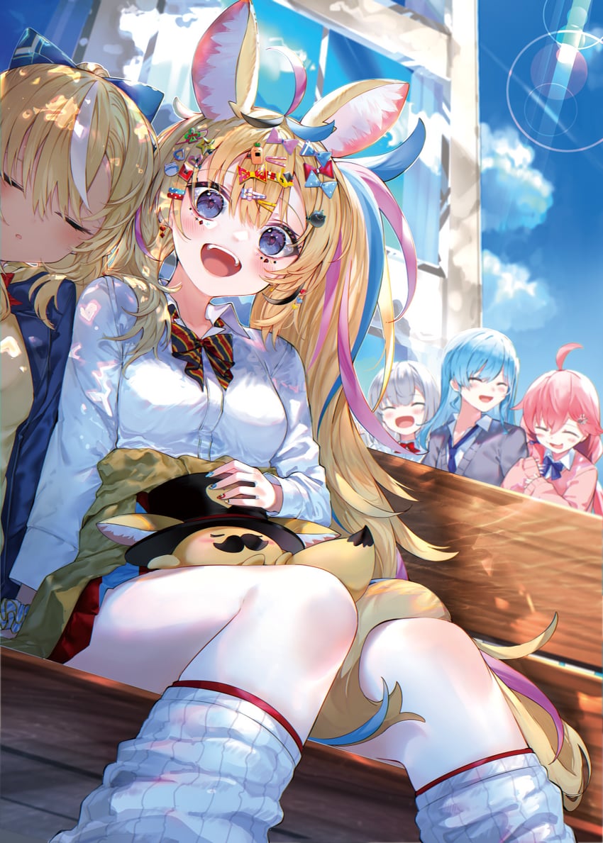 hoshimachi suisei, sakura miko, shirogane noel, shiranui flare, omaru polka, and 1 more (hololive and 1 more) drawn by kou_mashiro