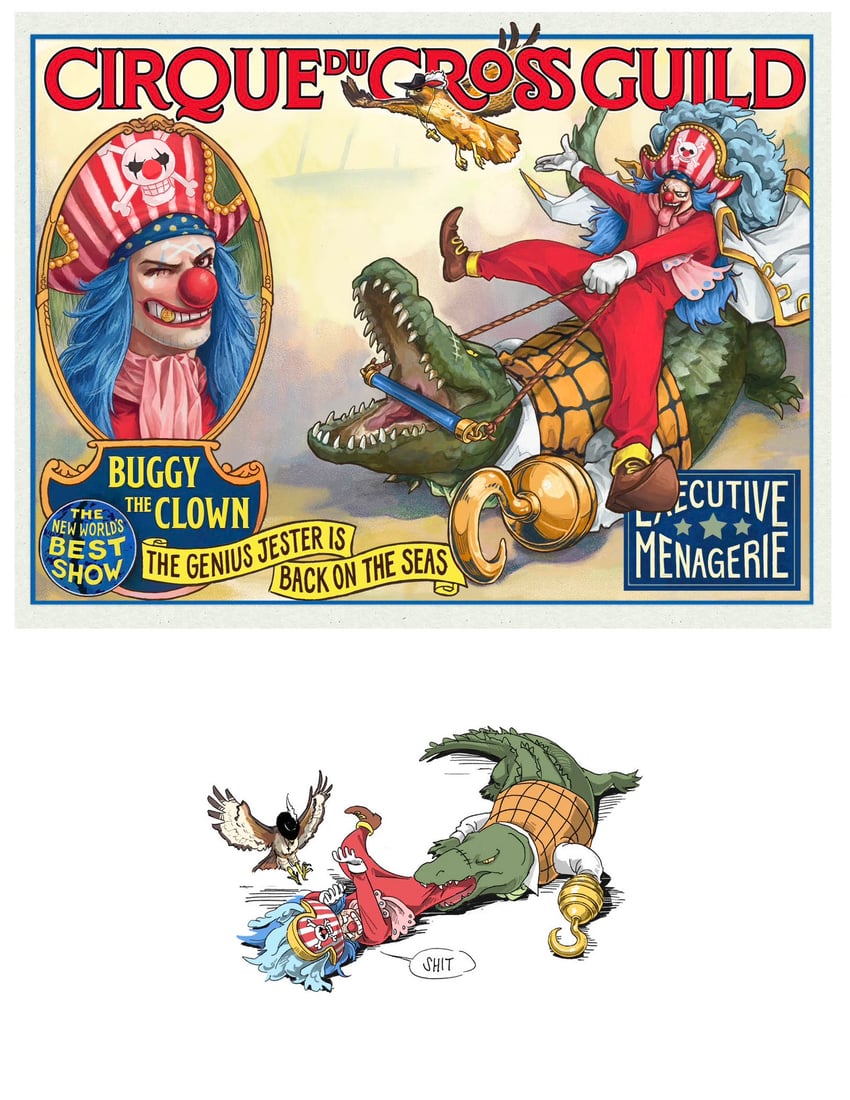 crocodile, buggy the clown, and dracule mihawk (one piece) drawn by mugibaras